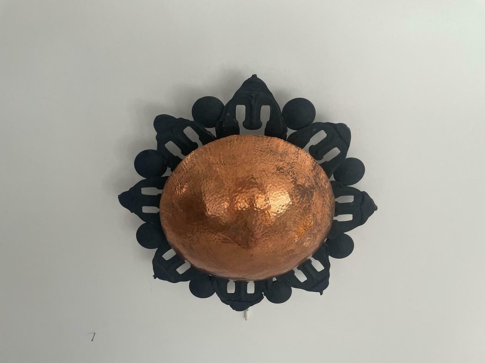 Unusual Black Metal Single Sconce With Round Copper Reflector, 60s, Germa photo Art