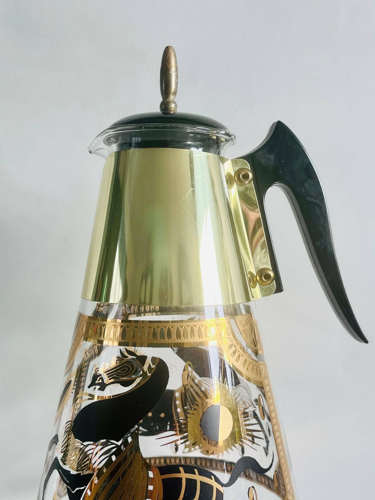 Midcentury Fred Press T'ang Horse Black And Gold Carafe & 4 Glasses. Carafe And 4 Glasses.Midcentury Barware. Retro Bar. photo for sale