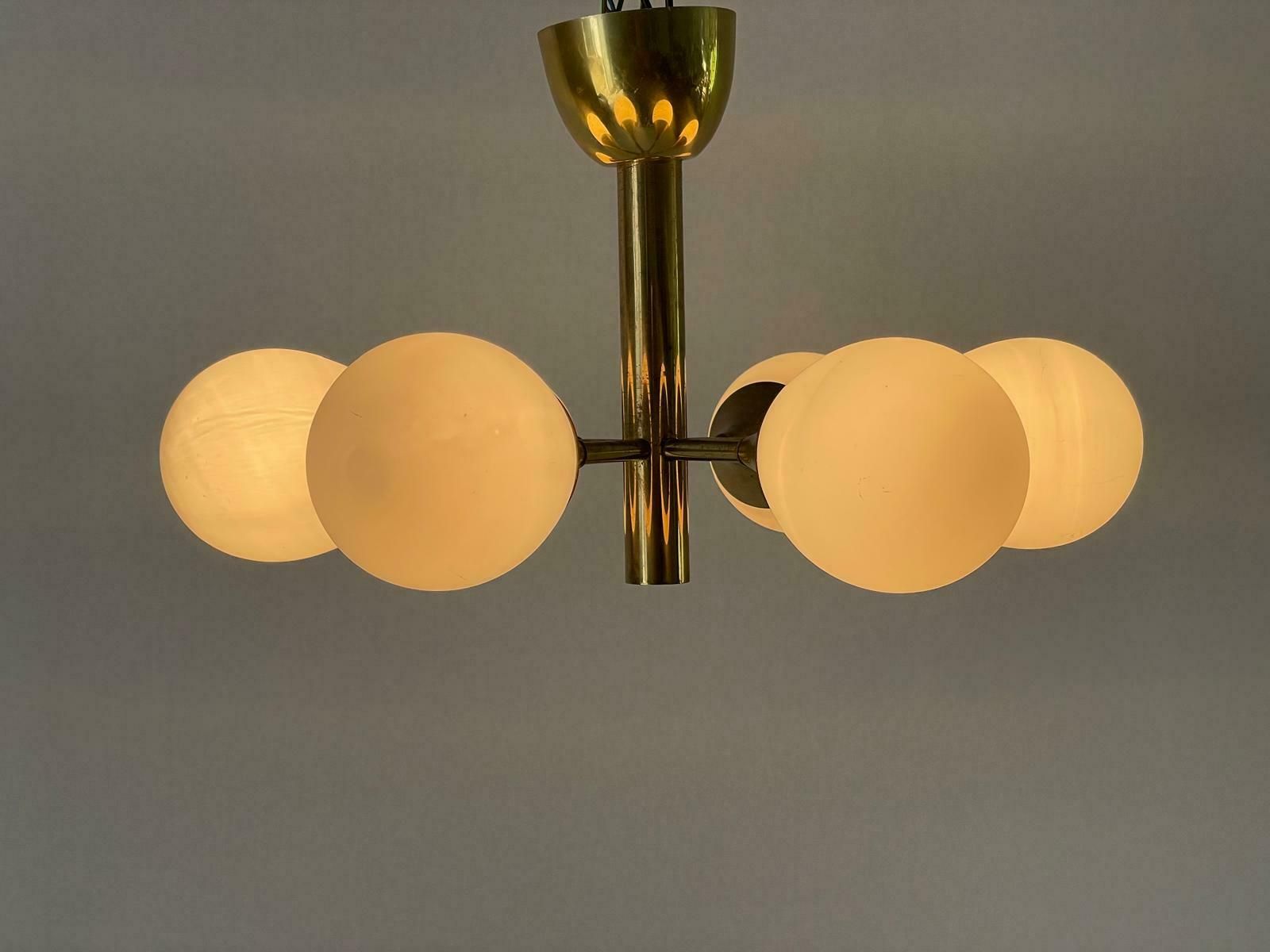 photo for sale Space Age Glass And Brass 6 Armed Chandelier By Kaiser Leuchten, 1970s, Germany