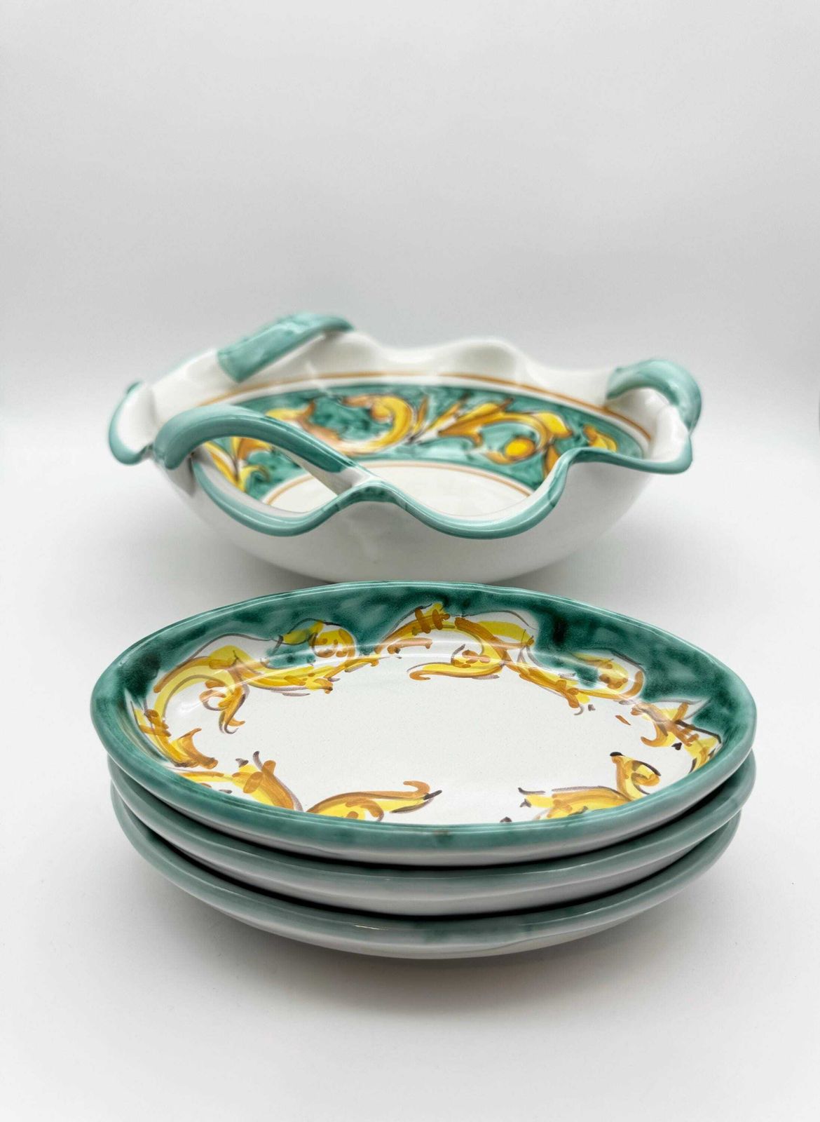 Italian Hand Painted Ceramic Bowl Set, Mediterranean Decor, Large Bowl With Plates