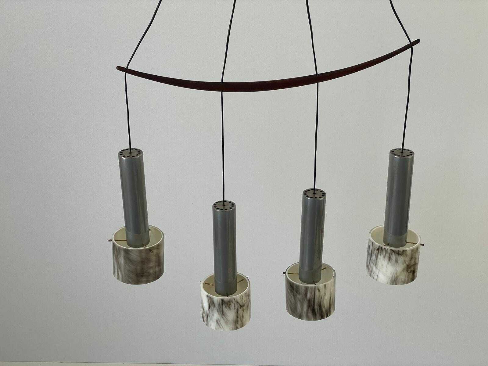 Italian Rare Plexiglass And Metal Four Shade Chandelier With Teak Details, 1960s, Italy photo Lighting