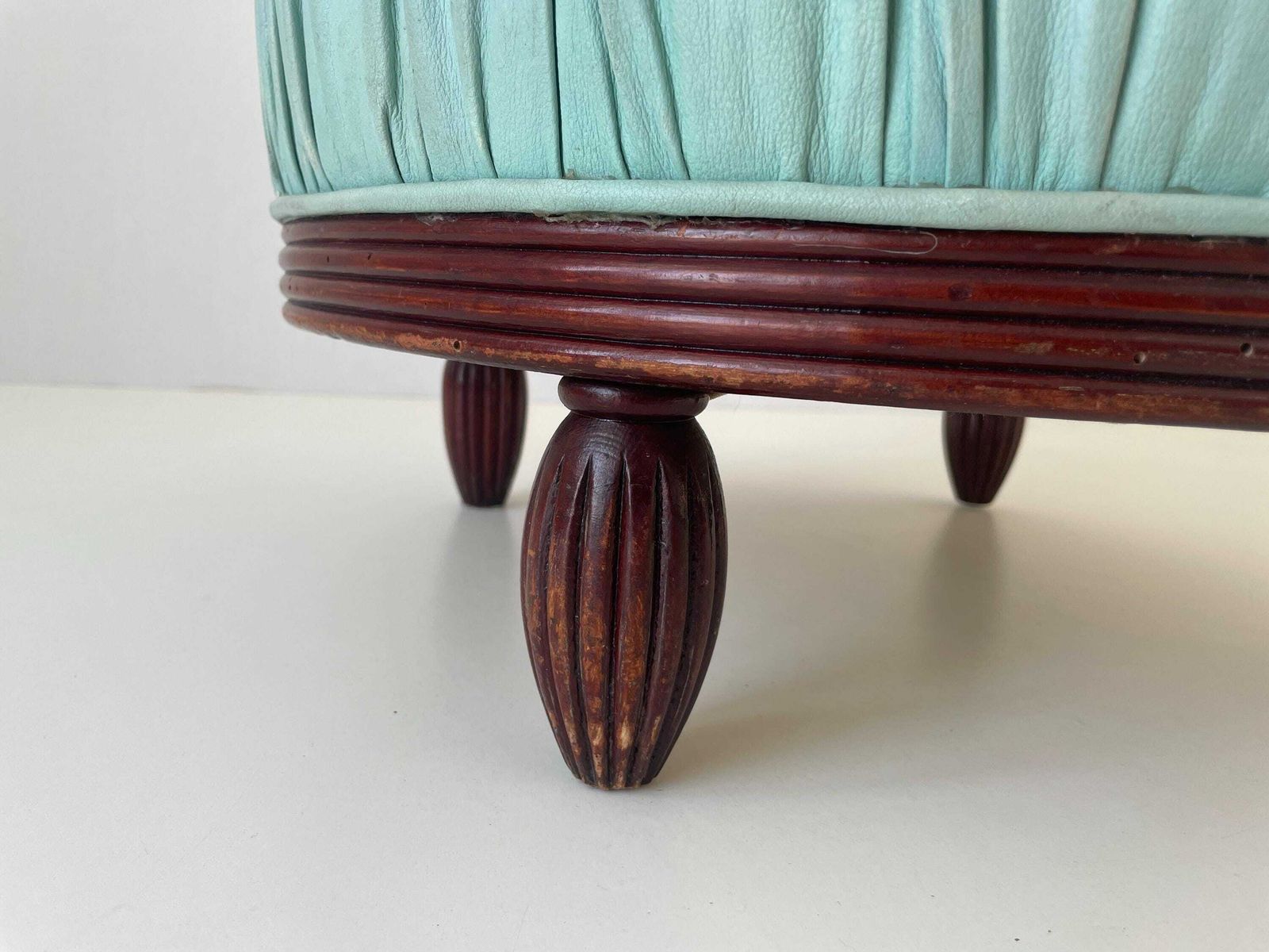 Italian Turkois Worn Leather Round Pouf With Wood Base, 1960s, Italy photo buy
