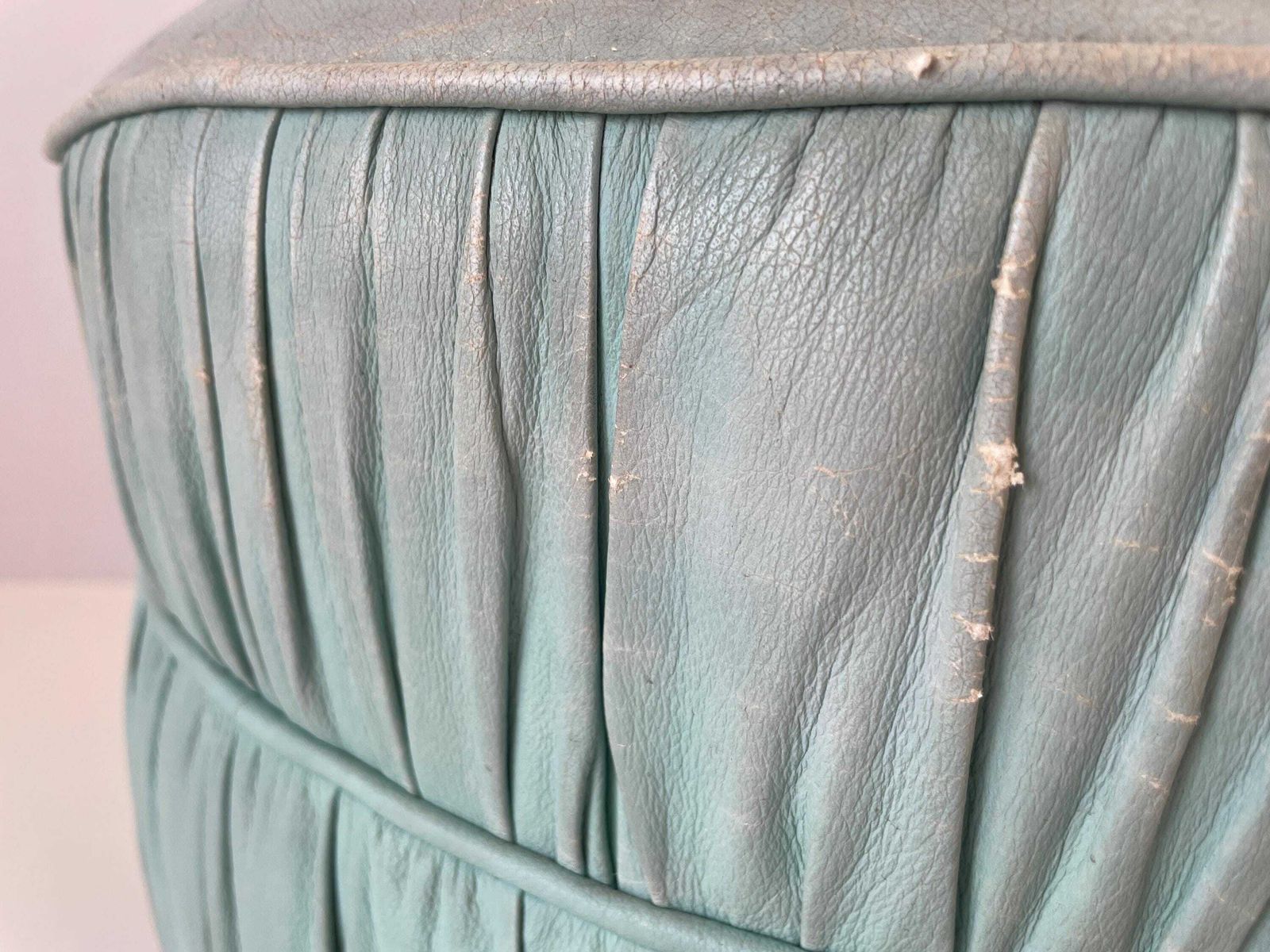Italian Turkois Worn Leather Round Pouf With Wood Base, 1960s, Italy photo vintage