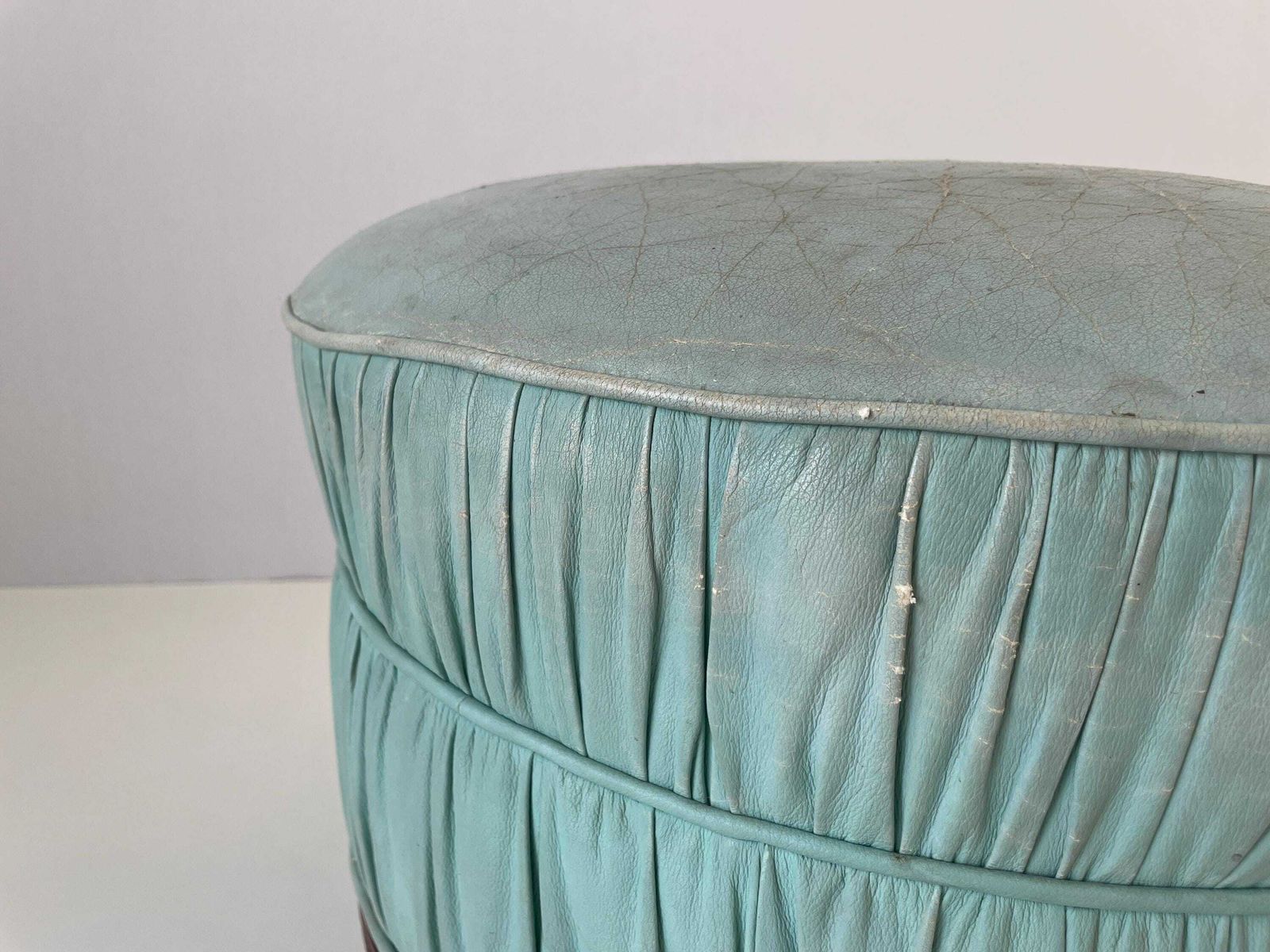 photo for sale Italian Turkois Worn Leather Round Pouf With Wood Base, 1960s, Italy