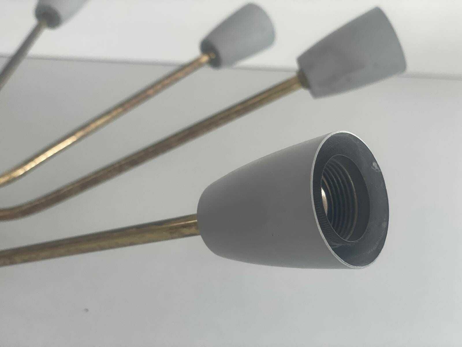 photo for sale Mid Century Gray Metal And Brass Body 10 Armed Sputnik Ceiling Lamp, 1950s, Germany