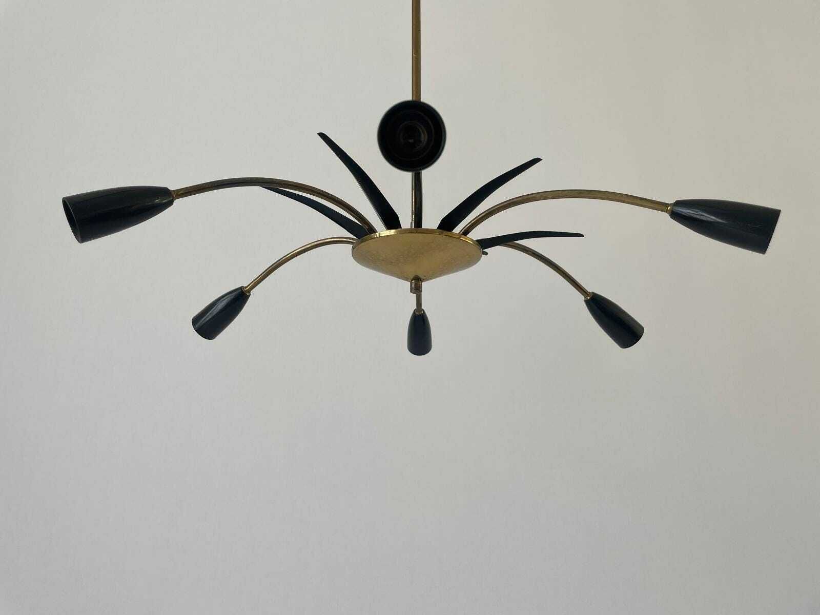 Black Metal & 6 Armed Brass Body Sputnik Ceiling Lamp, 1950s, Germany photo Lighting