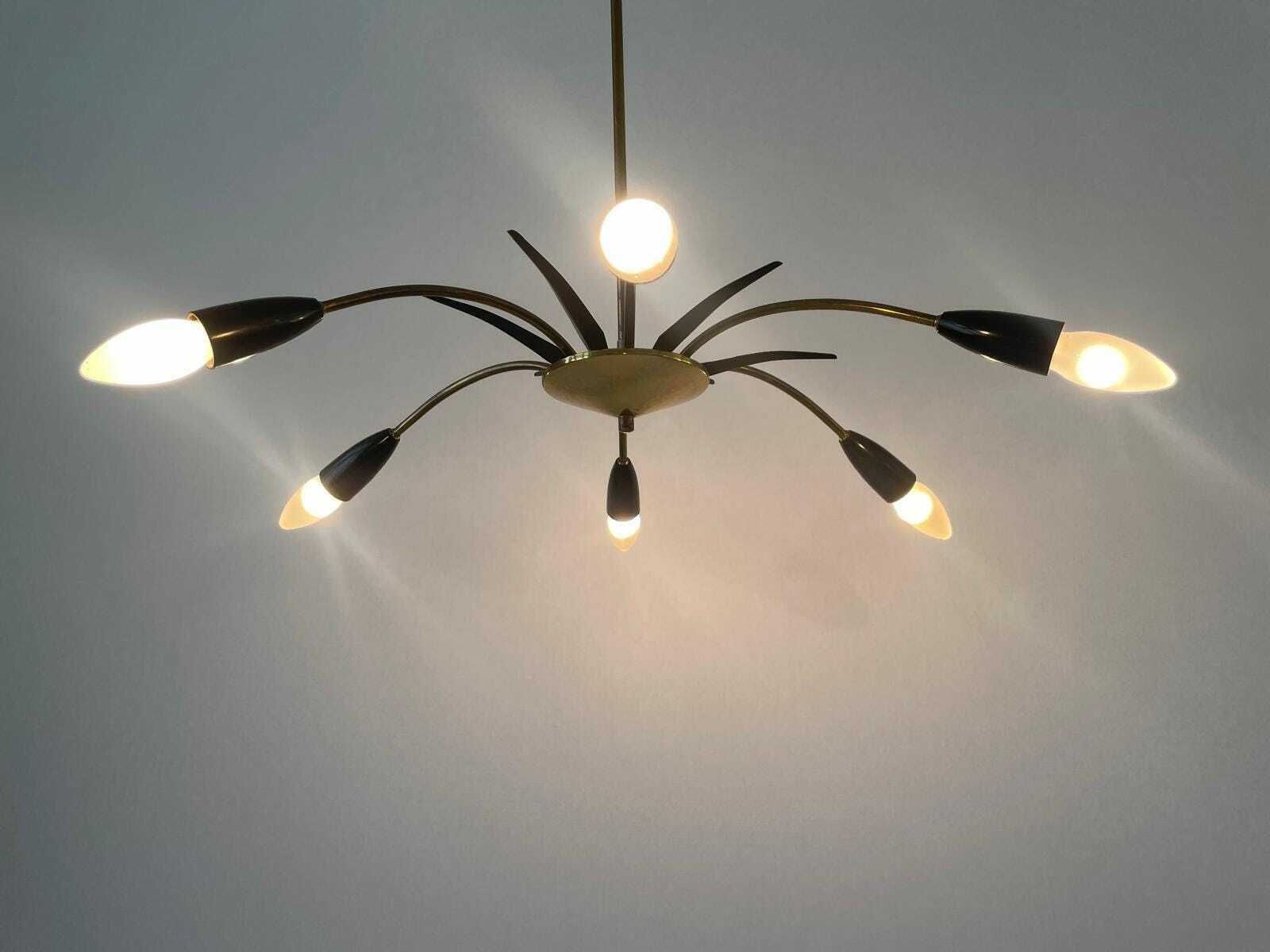 photo furniture Black Metal & 6 Armed Brass Body Sputnik Ceiling Lamp, 1950s, Germany