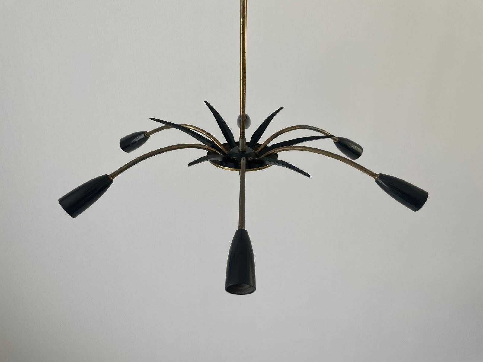 photo for sale Black Metal & 6 Armed Brass Body Sputnik Ceiling Lamp, 1950s, Germany