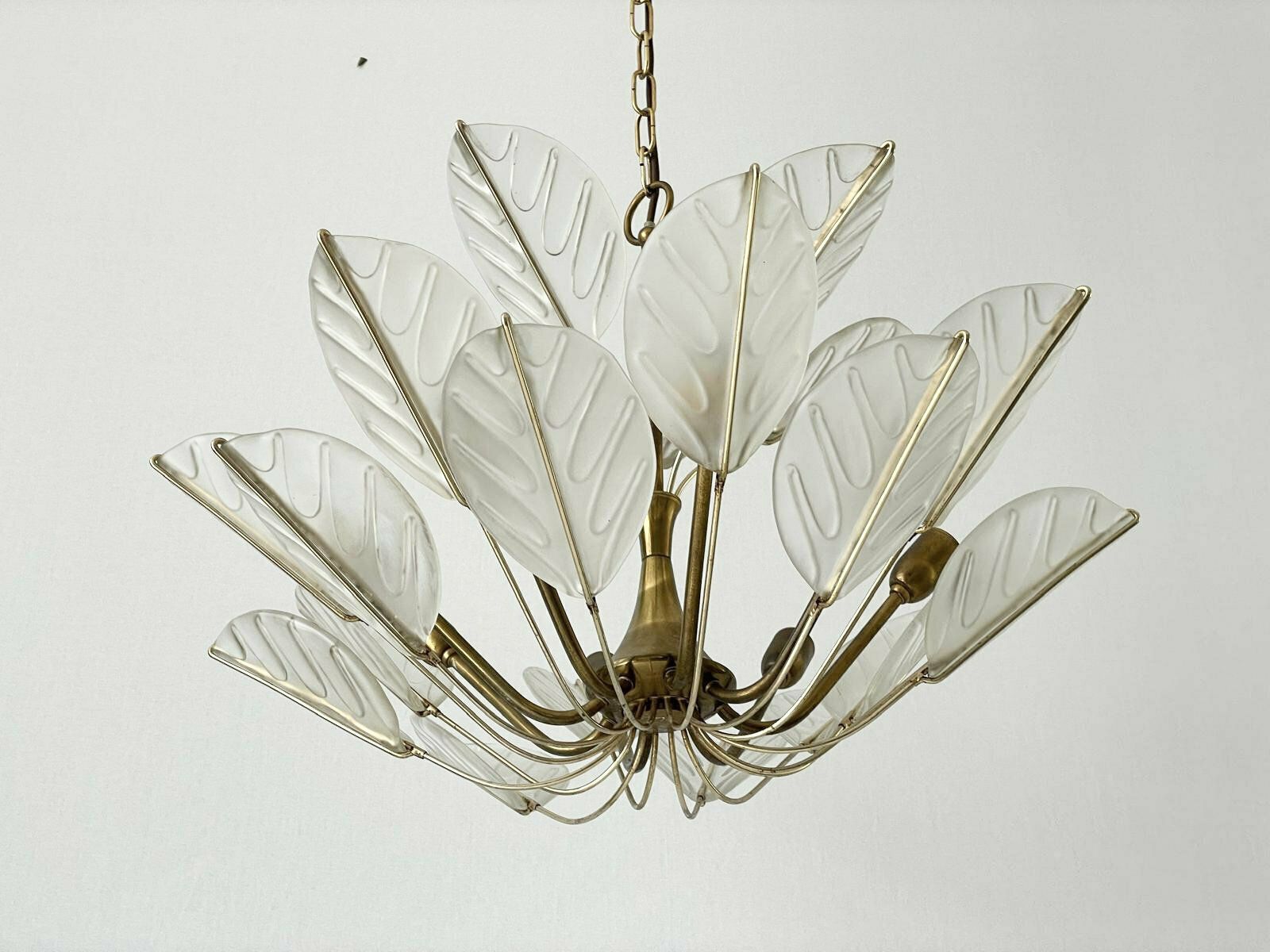 Luxurious 8 Armed Brass Chandelier With Crystal Glass Leaves, Germany, 1960s photo vinterior