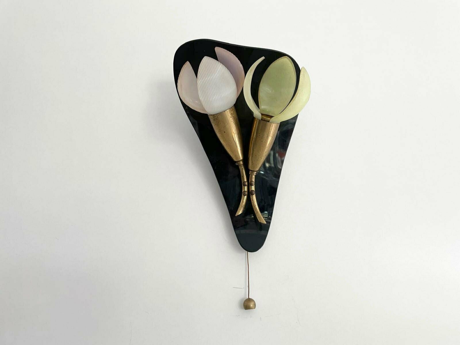 Mid Century Flower Design Brass Single Sconce By Geru With Plexi Pink Green Leaf Detail, W. Germany, 1950s