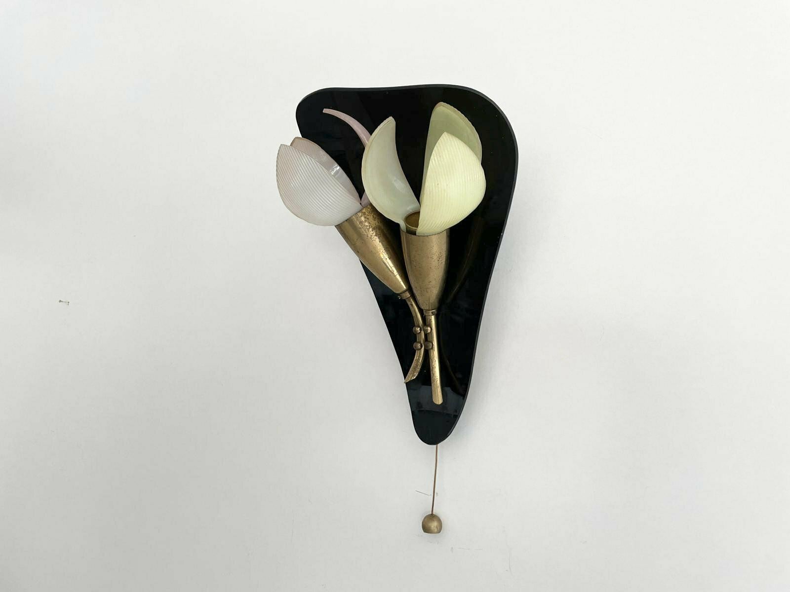 Mid Century Flower Design Brass Single Sconce By Geru With Plexi Pink Green Leaf Detail, W. Germany, 1950s photo for sale