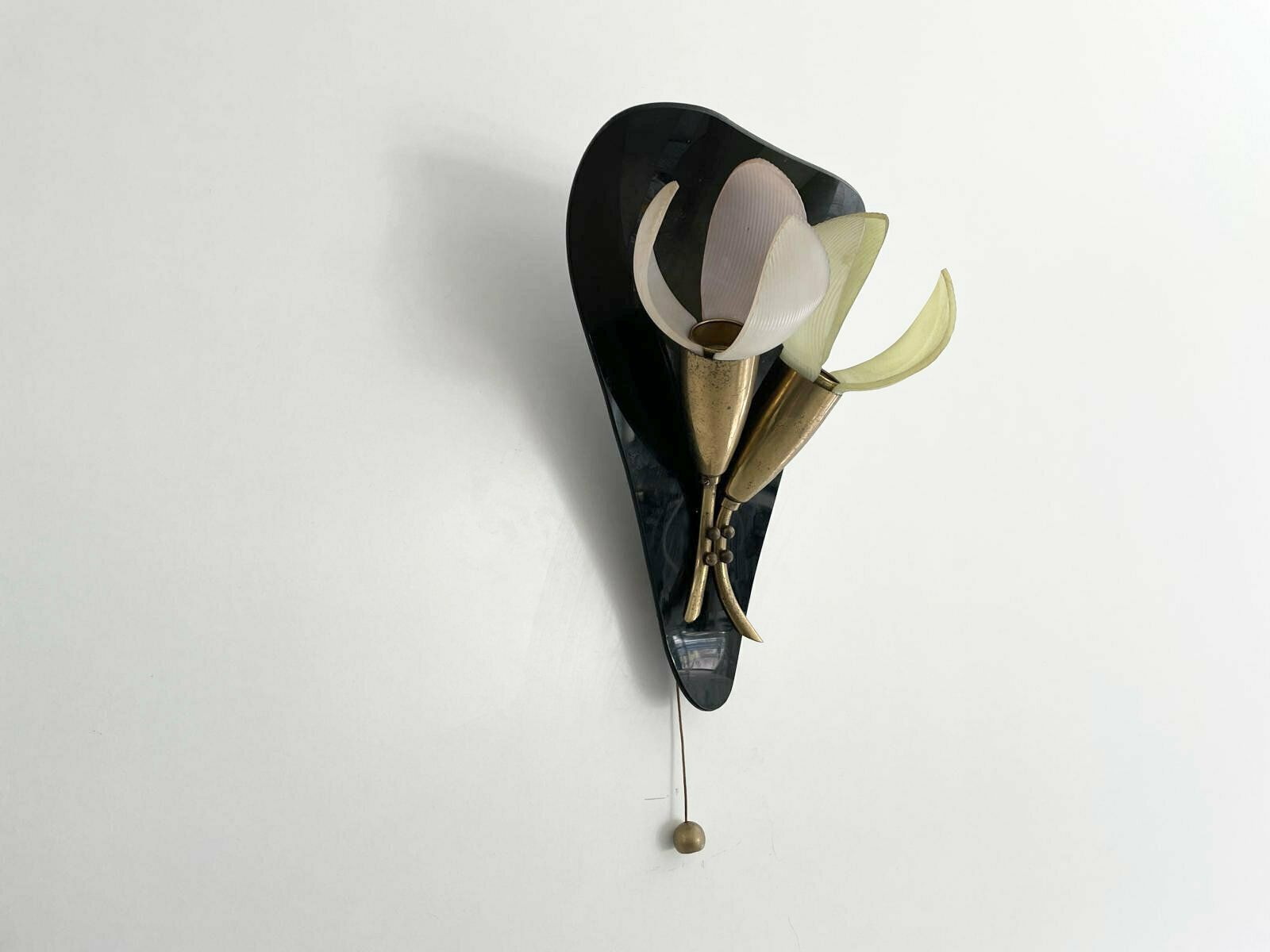 Mid Century Flower Design Brass Single Sconce By Geru With Plexi Pink Green Leaf Detail, W. Germany, 1950s photo 670.0