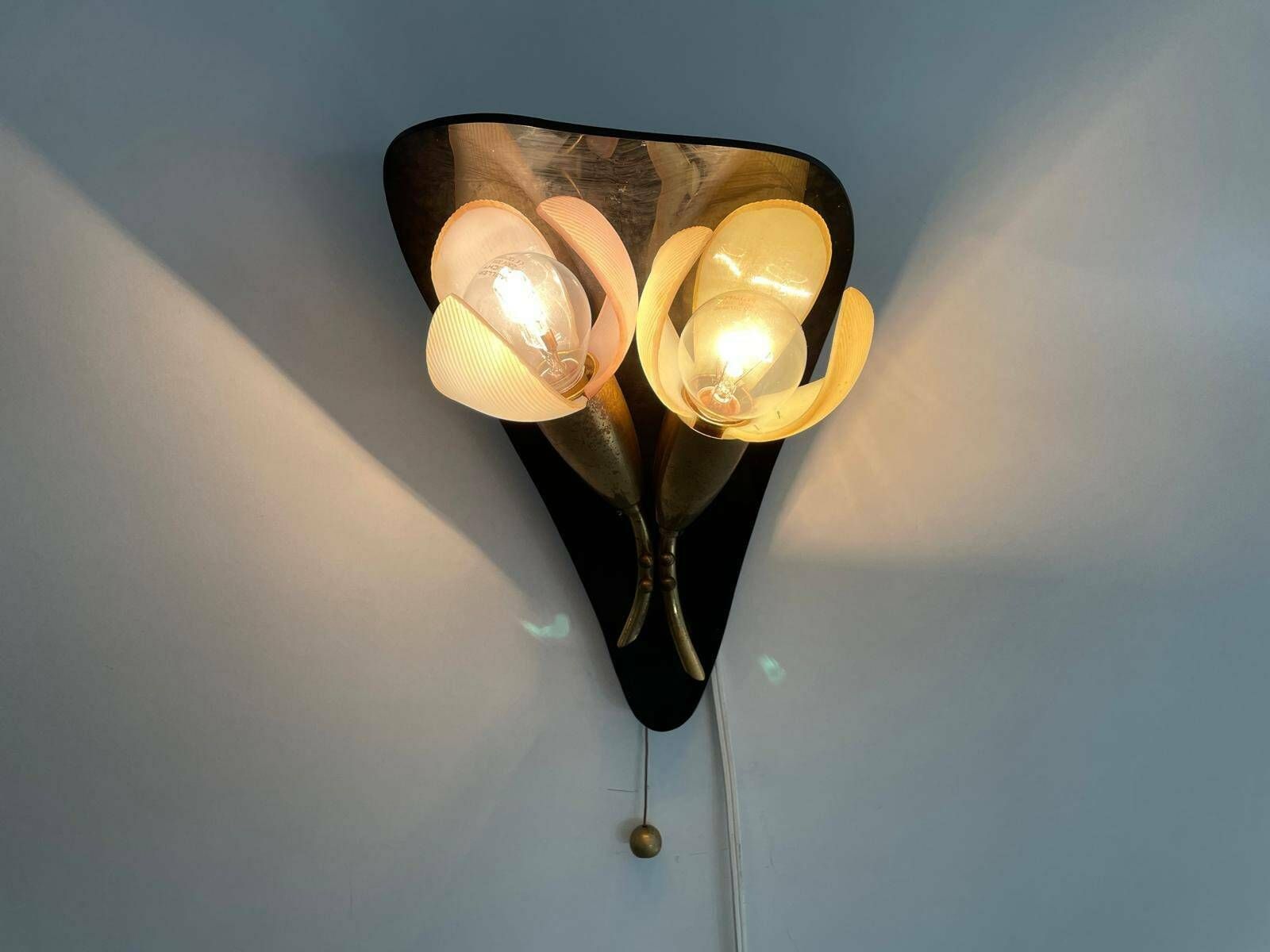 Mid Century Flower Design Brass Single Sconce By Geru With Plexi Pink Green Leaf Detail, W. Germany, 1950s photo vintage