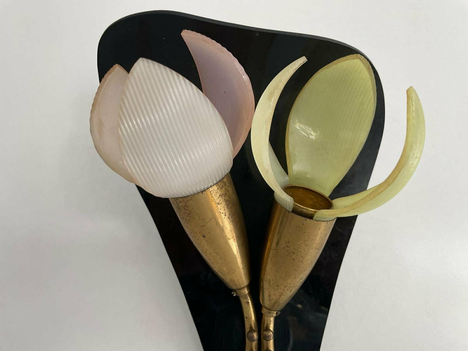 photo furniture Mid Century Flower Design Brass Single Sconce By Geru With Plexi Pink Green Leaf Detail, W. Germany, 1950s