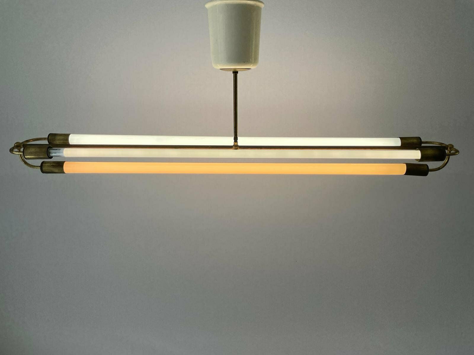 Art Deco Brass Industrial Ceiling Lamp By Kaiser & Co. With 3 Fluorescent Tubes, 1930s, Germany photo vintage