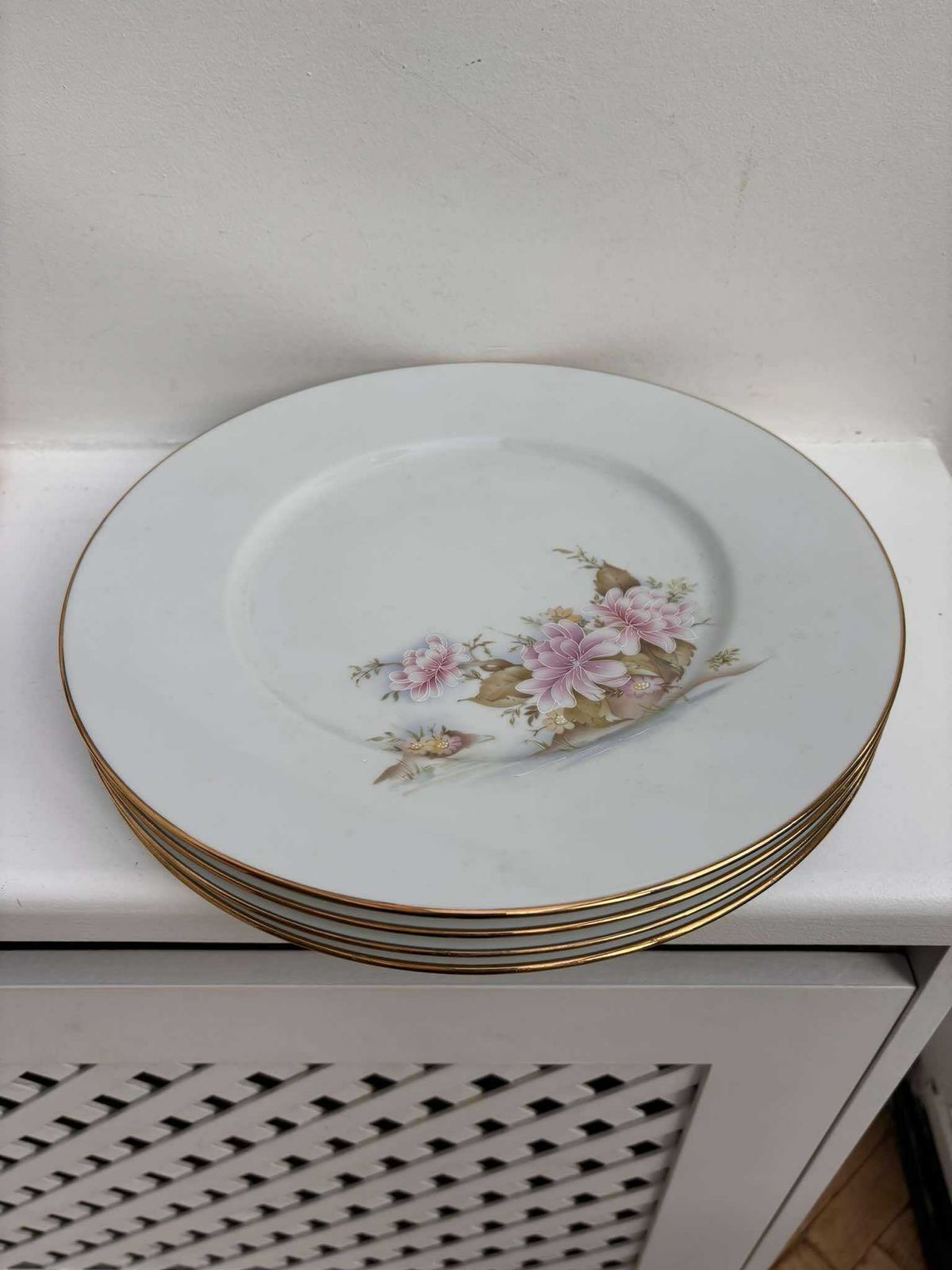 photo for sale Set 4 Large Presentation Plates Porcelain Limoges Jb De Saint Eloi Romantic Service Pink Flowers Golden Rim 1950s Mid Century French Gift