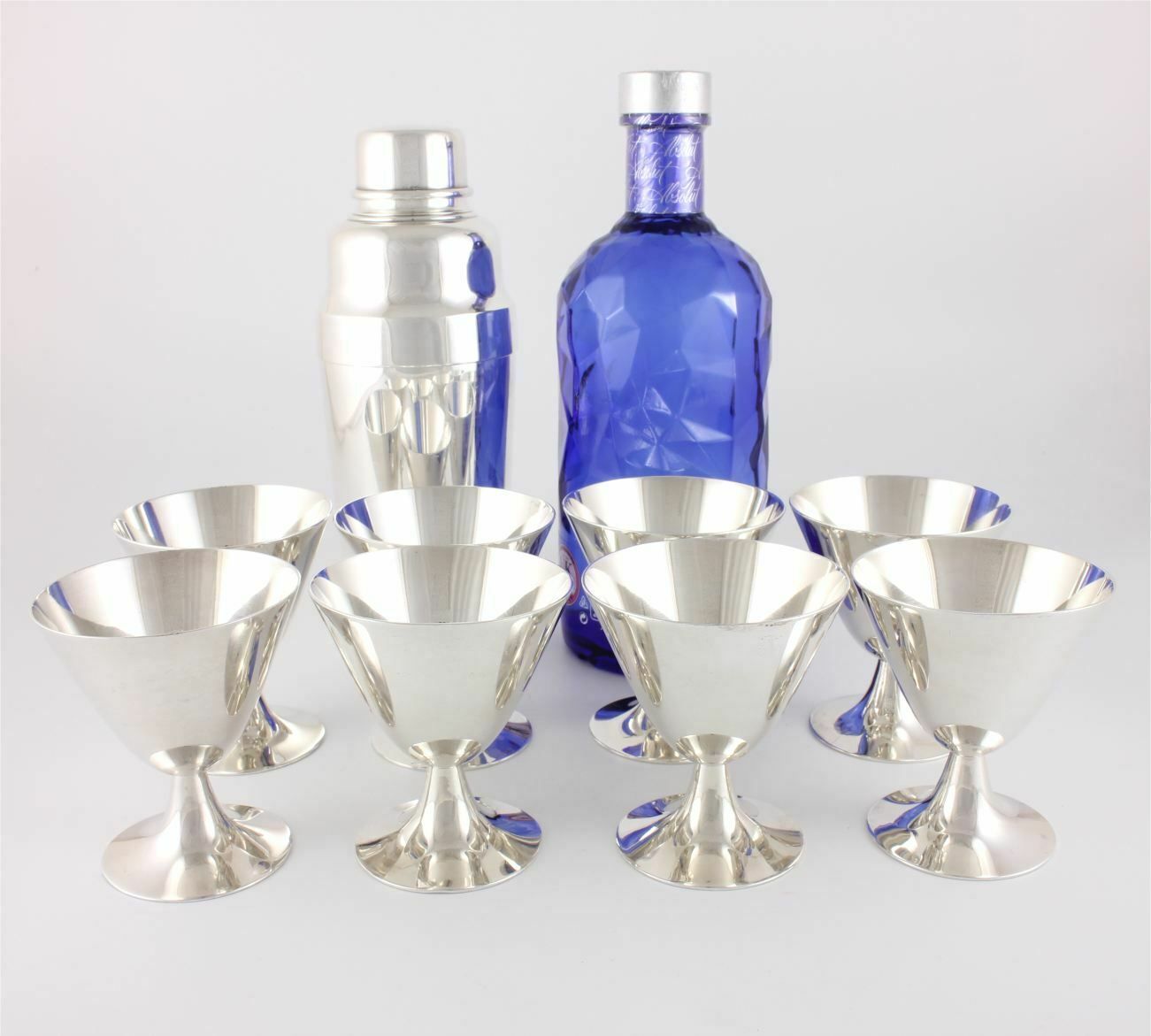 Home Decor Christofle Silver Plate Art Deco Cocktail Shaker & 8 Goblet Glasses Set. photo