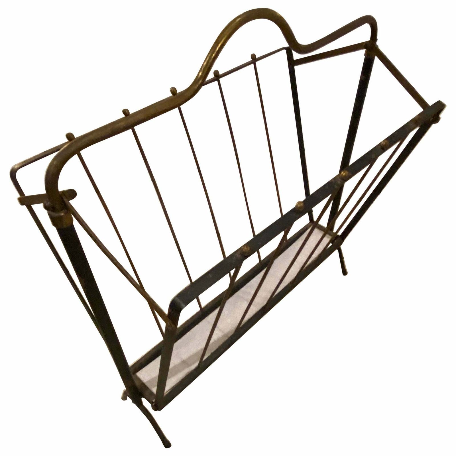 1950s Mid Century Modern Black Painted Iron And Brass Italian Magazine Rack