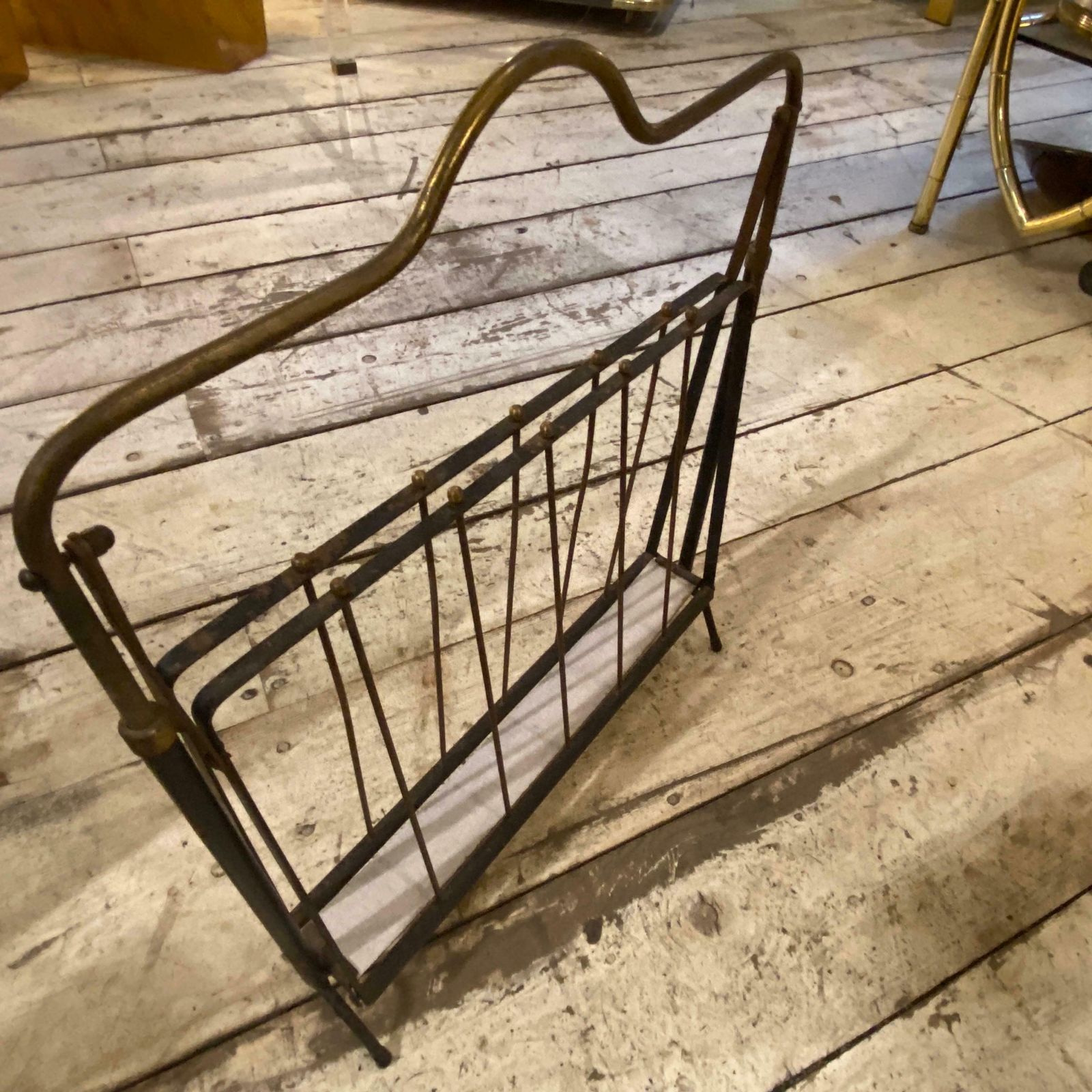 1950s Mid Century Modern Black Painted Iron And Brass Italian Magazine Rack photo vintage