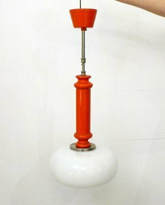 Vintage Space Age Pendant Light In Orange Wood & Opaline Lampshade, 1960s