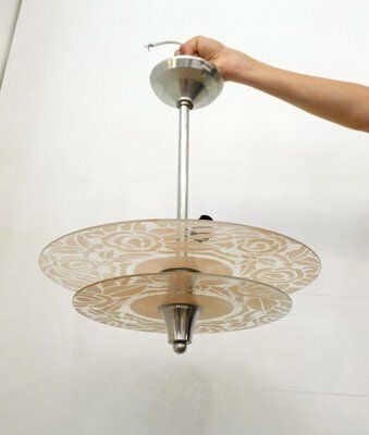 Art Deco Chandelier With Discs Decorated With Stylized Roses In Pink Granite, 1940s