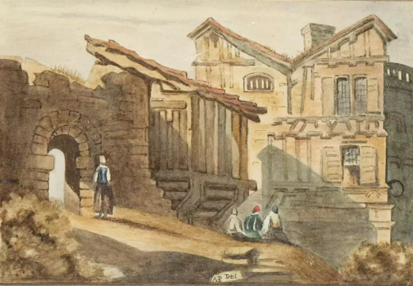 A. P. Del   Signed & Framed Early 20th Century Watercolour, Rustic Street photo furniture