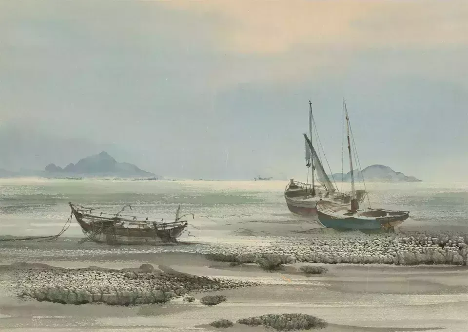 Framed 20th Century Watercolour   Beach Scene With Boats photo furniture
