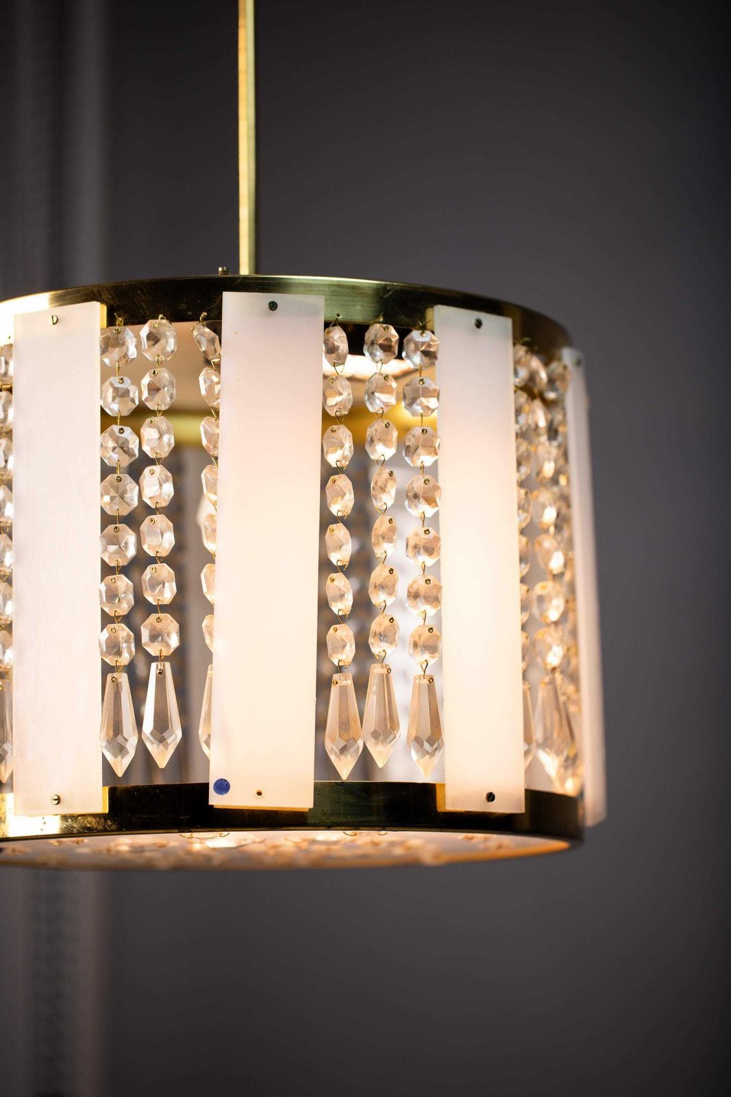 Vintage Chandelier By Jablonec Glassworks Novy Bydzov / 1970s Czechoslovakia / Mid Century Pendandt Light / Brass Glass Crystal Lamp photo furniture