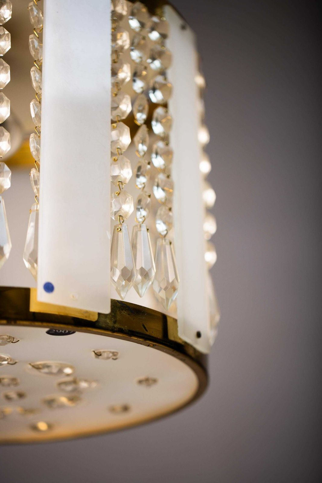 Vintage Chandelier By Jablonec Glassworks Novy Bydzov / 1970s Czechoslovakia / Mid Century Pendandt Light / Brass Glass Crystal Lamp photo for sale