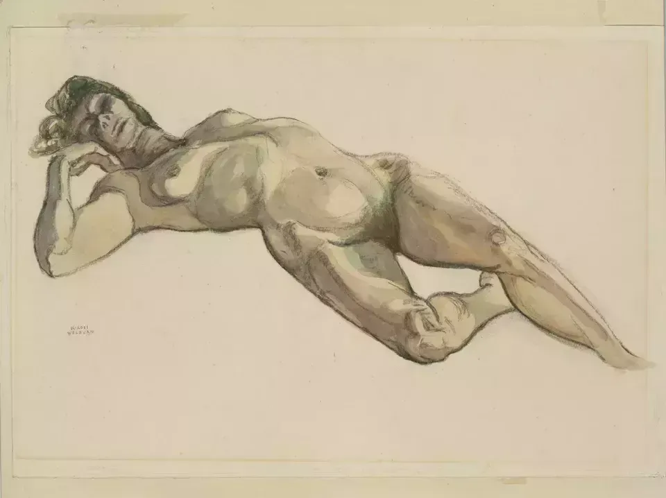 Kenneth Ross Welburn (1910 1998)   Mid 20th Century Watercolour, Reclining Nude photo furniture