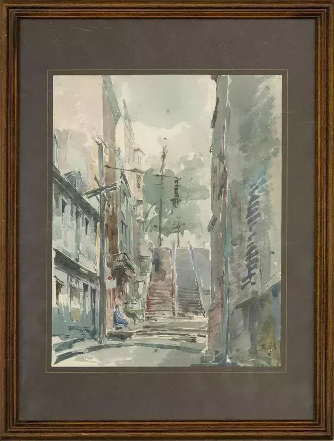 Framed Mid 20th Century Watercolour   Overcast Street Scene