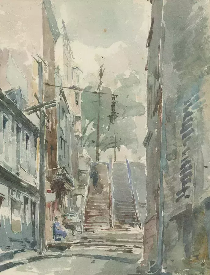 Framed Mid 20th Century Watercolour   Overcast Street Scene photo for sale