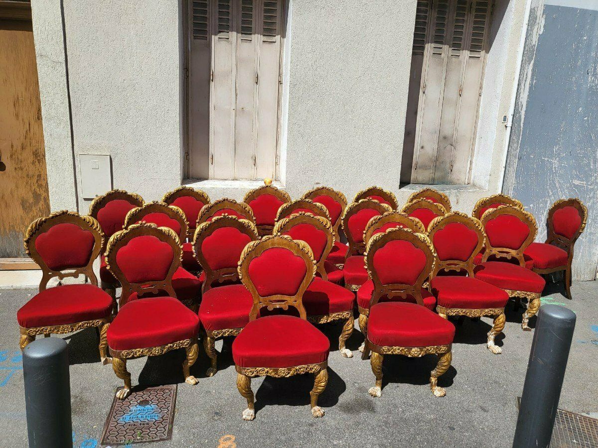 Rare Suite Of 20 + 2 Gilded Wood Chairs, 19th Century photo Furniture