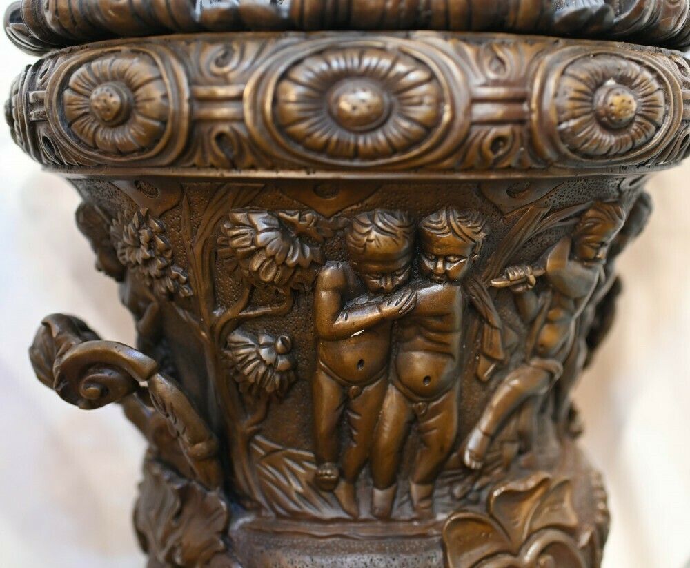 photo for sale Pair Large Bronze Urns Monumental Campana Cherub After Clodion