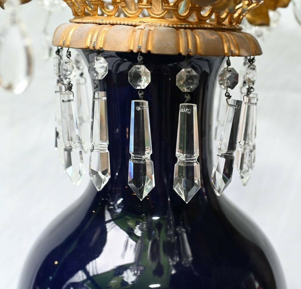 Pair Porcelain Candelabra Vases Louis XVI Lustral Drops photo vinterior