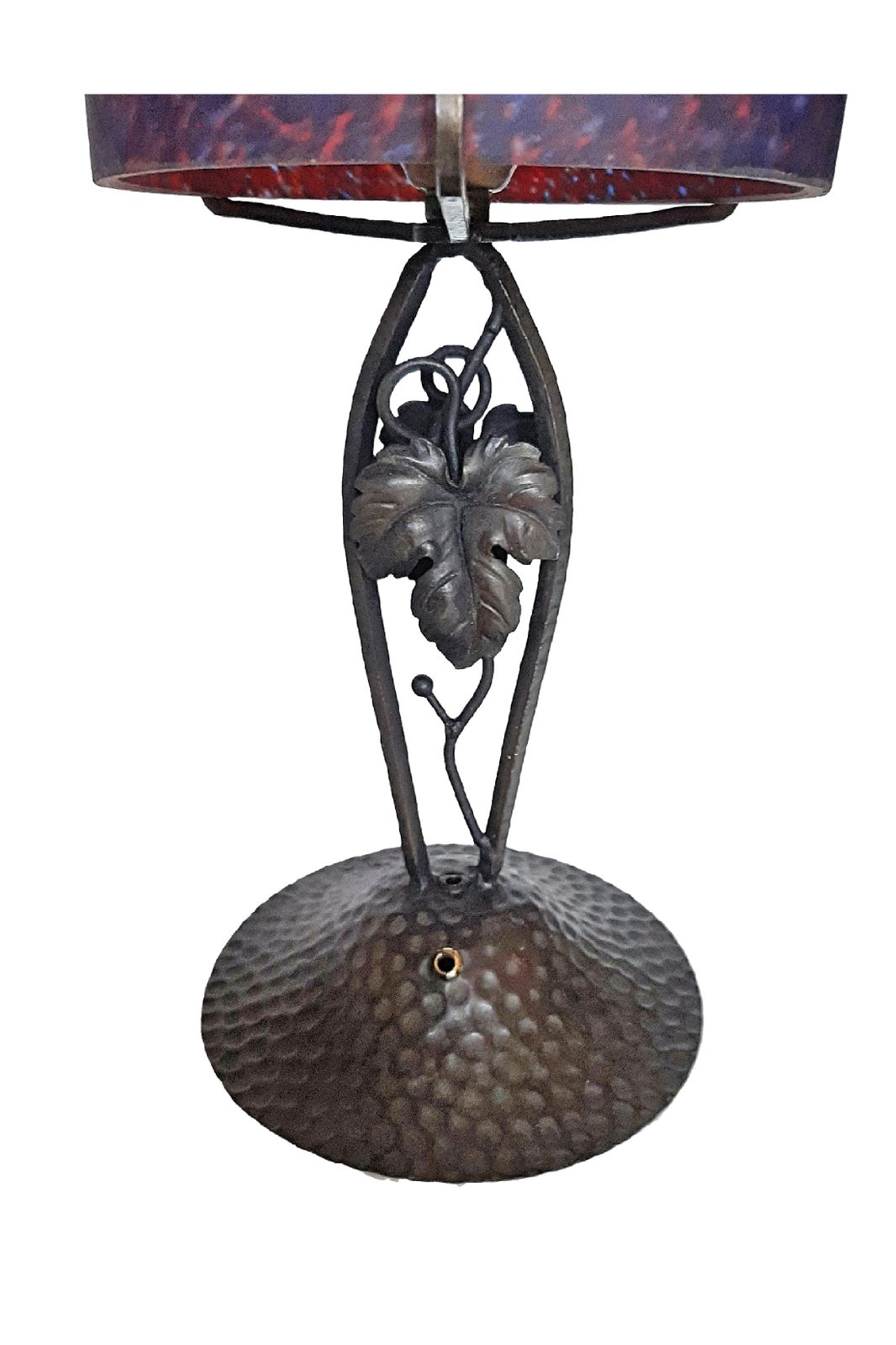 Art Deco Lamp Mottled Red, Orange, Blue Tinted Glass Shade, Hammered Steel Base France C 1980s photo 280.0