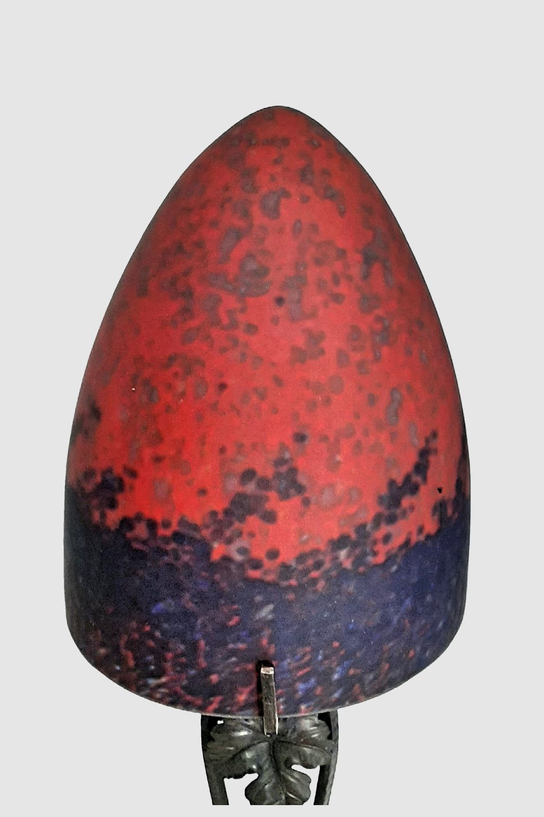 Art Deco Lamp Mottled Red, Orange, Blue Tinted Glass Shade, Hammered Steel Base France C 1980s photo buy