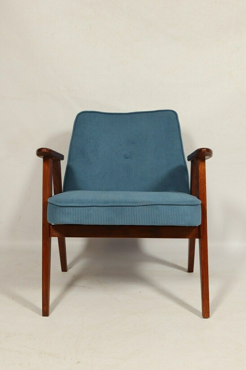 Mid Century Fauteuil Marineblauw Corduroy Fluweel Bekleding Lounge Chair, Jaren 1960 photo furniture