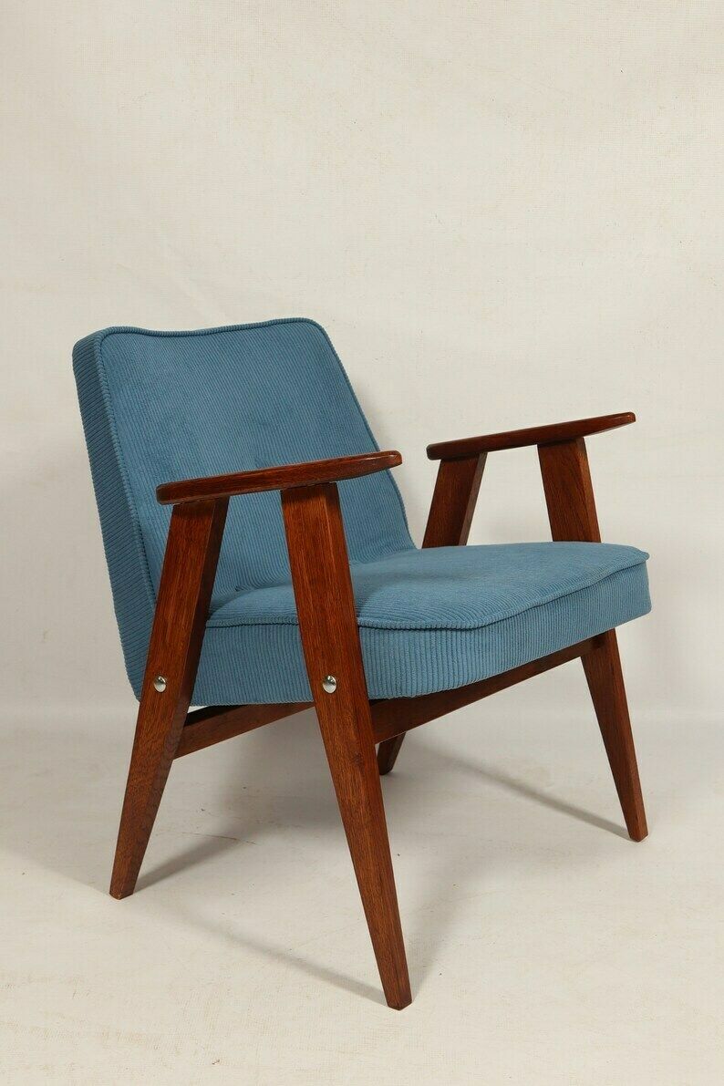 Mid Century Fauteuil Marineblauw Corduroy Fluweel Bekleding Lounge Chair, Jaren 1960 photo for sale