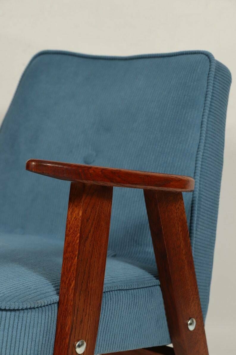Mid Century Fauteuil Marineblauw Corduroy Fluweel Bekleding Lounge Chair, Jaren 1960 photo vinterior