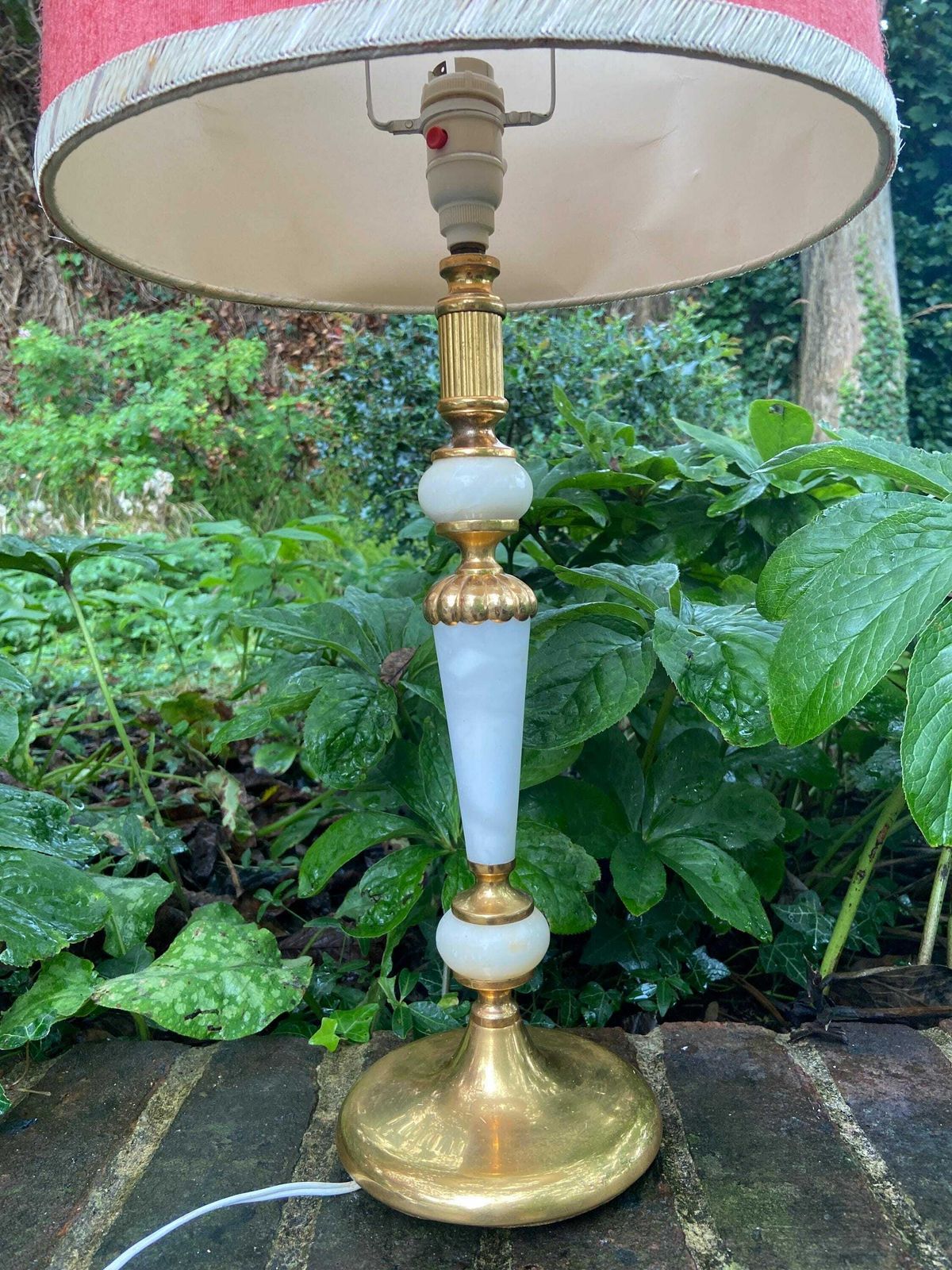 Retro Tall White Onyx Lamp With Brass Detail And An Original Oval Retro Shade photo for sale