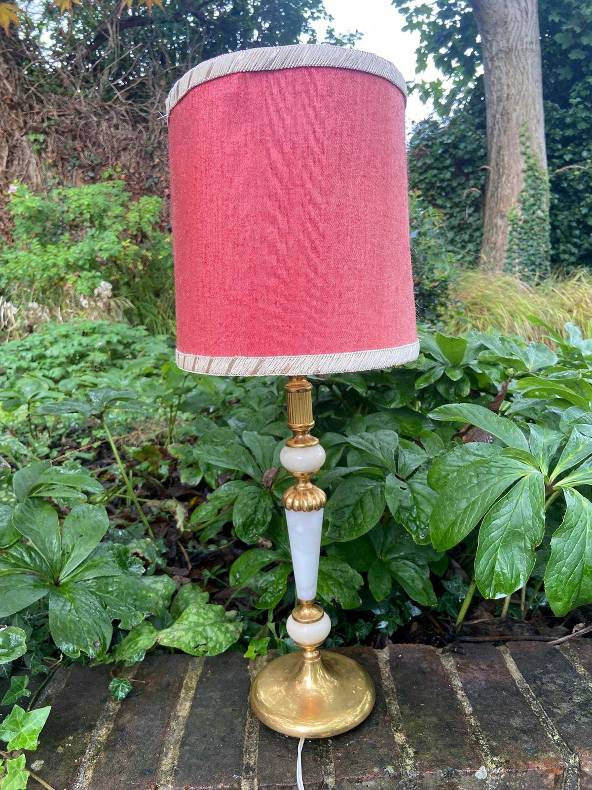 Retro Tall White Onyx Lamp With Brass Detail And An Original Oval Retro Shade photo vinterior