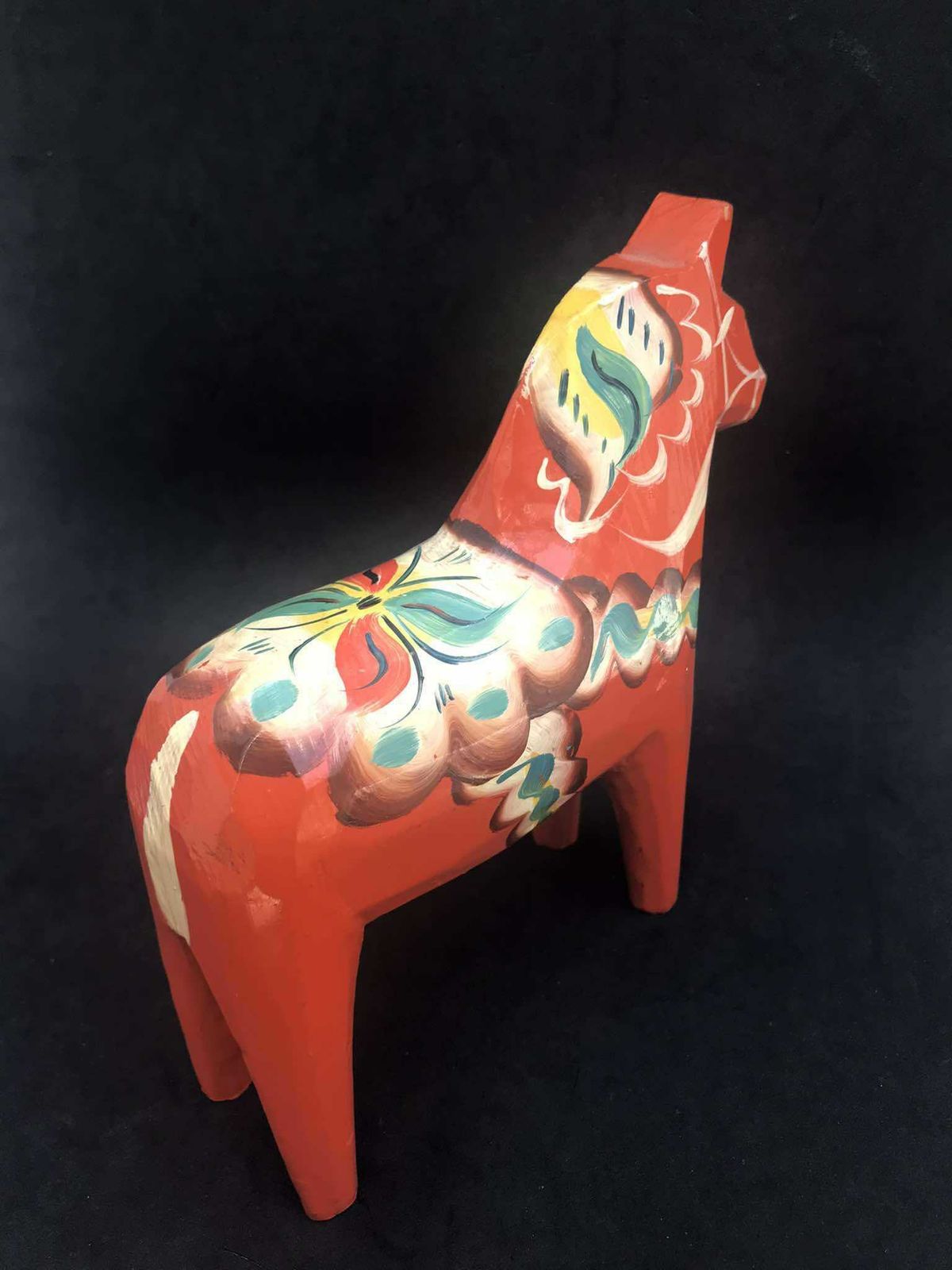 Dala Horse Wooden Figurine Swedish By Nils Olsson 15 Cm Original Sticker Scandinavian Modern Hand Painted Scandinavian Design Red Wood photo vintage