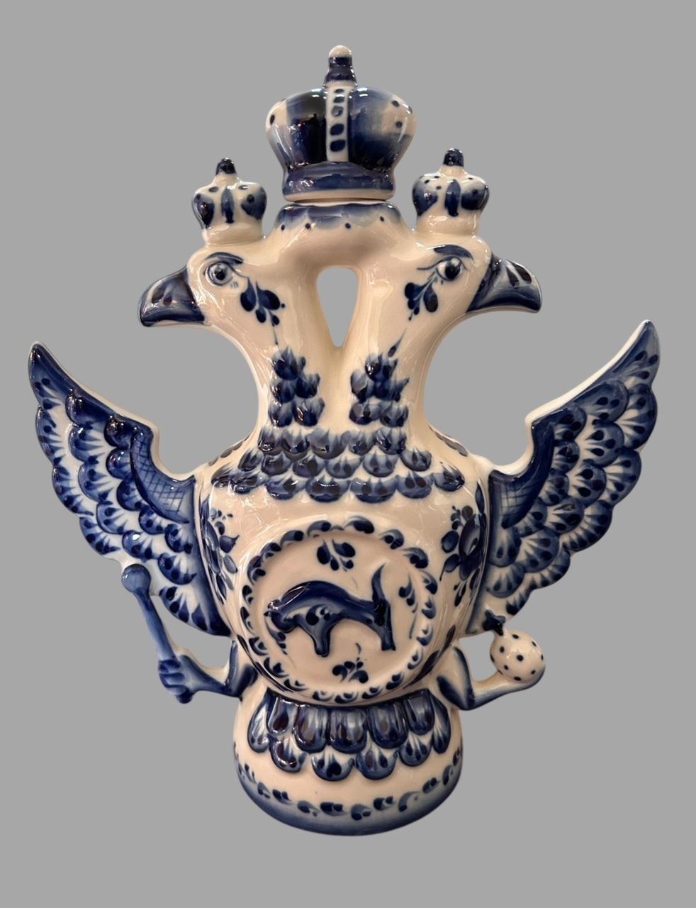 Rare Dulevo Porcelain Vodka Decanter, Imperial Double Headed Eagle – Signed, Ussr, C.1970s–80s