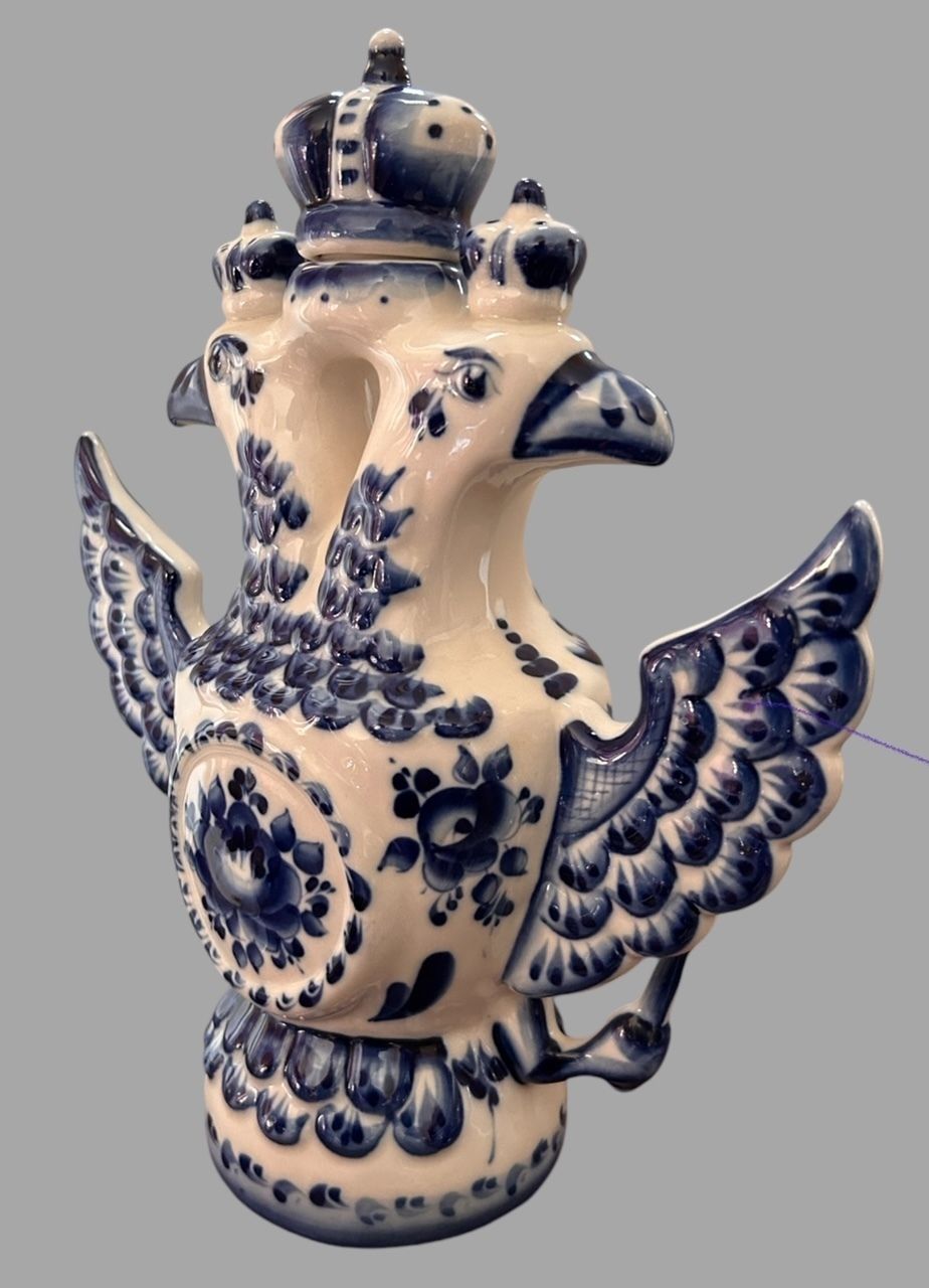 Rare Dulevo Porcelain Vodka Decanter, Imperial Double Headed Eagle – Signed, Ussr, C.1970s–80s photo for sale