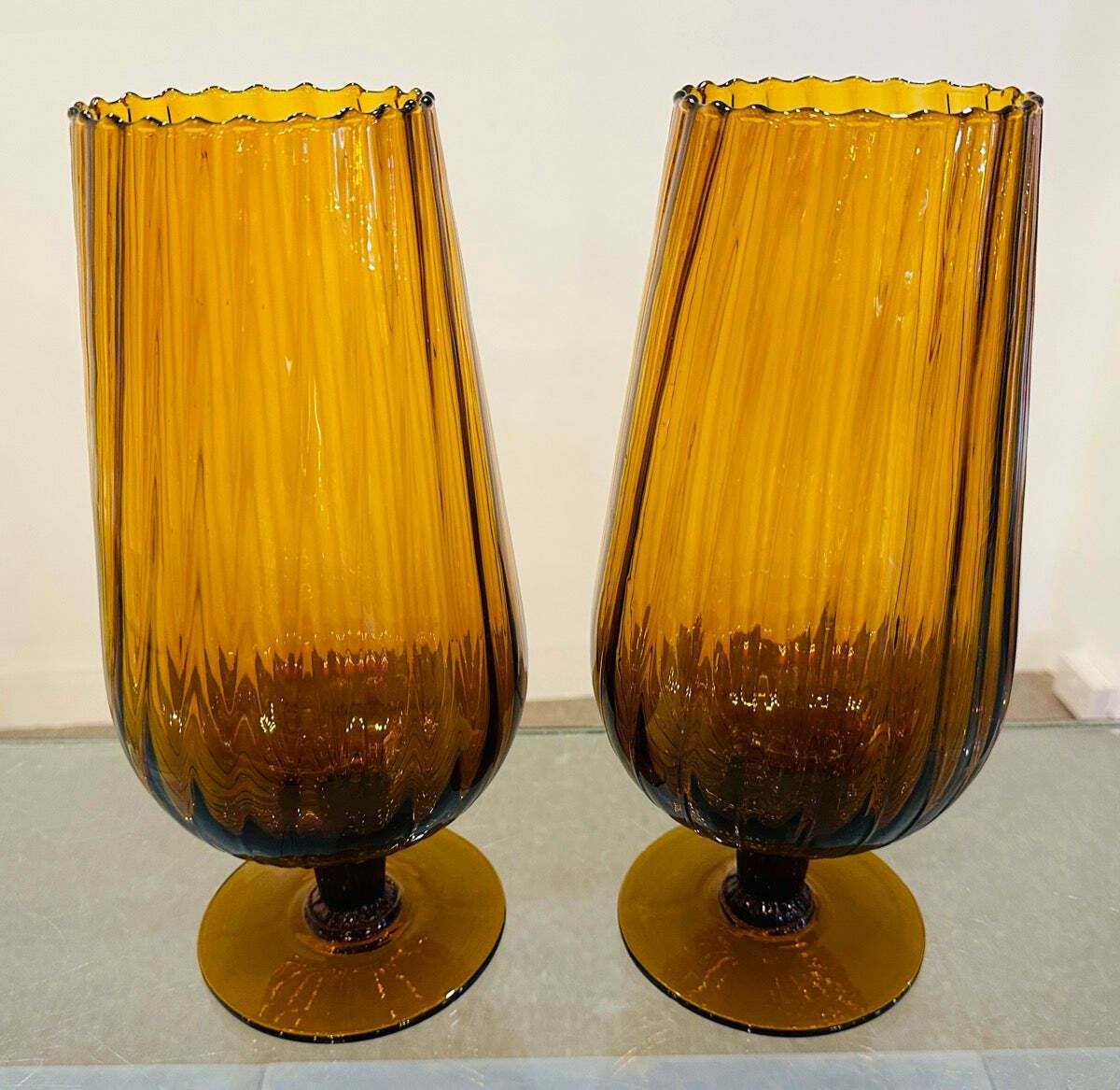 Pair Of Large 1960s Italian Amber Ribbed Swirled Glass Goblet Chalice Vases photo buy
