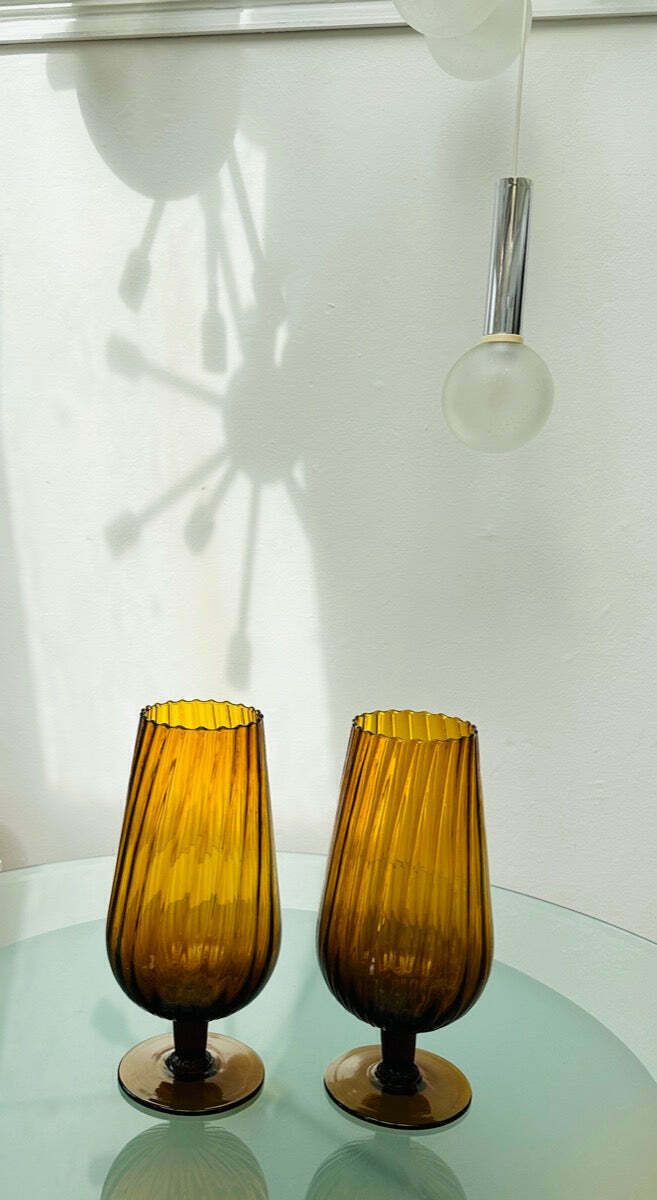 Pair Of Large 1960s Italian Amber Ribbed Swirled Glass Goblet Chalice Vases photo vintage