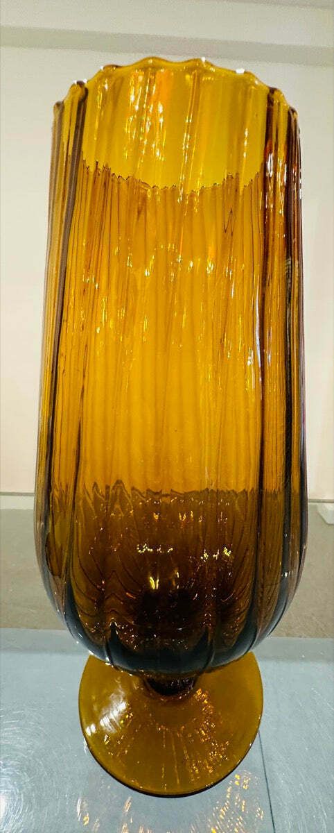 Home Decor Pair Of Large 1960s Italian Amber Ribbed Swirled Glass Goblet Chalice Vases photo