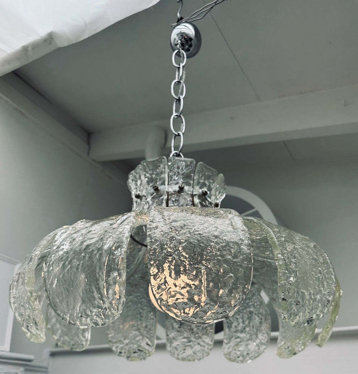 1960s Italian Carlo Nason For Mazzega Murano Clear Textured Petal Glass & Chrome Chandelier photo furniture