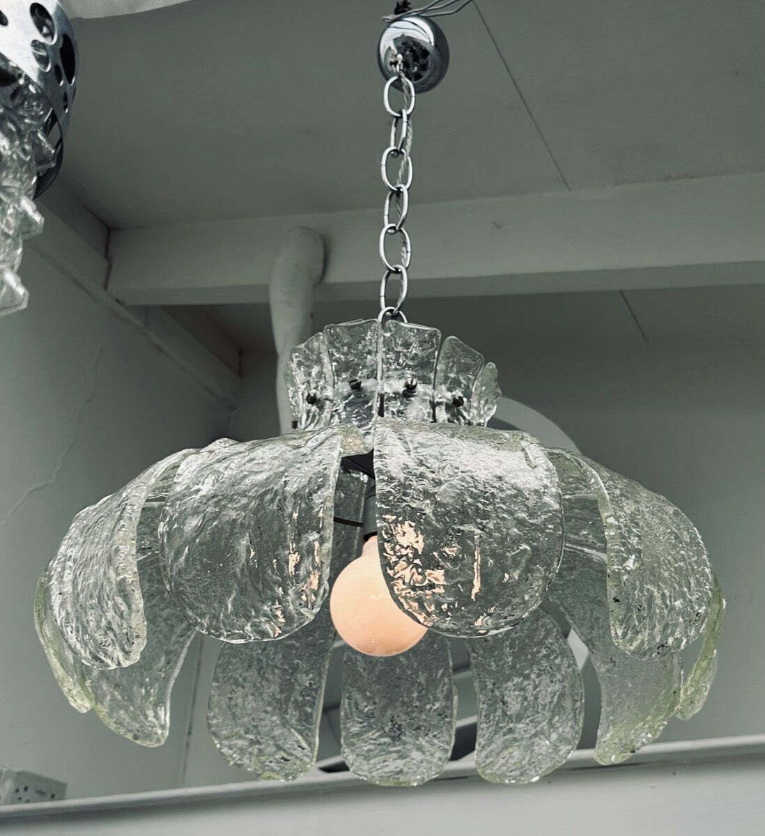 1960s Italian Carlo Nason For Mazzega Murano Clear Textured Petal Glass & Chrome Chandelier photo Lighting